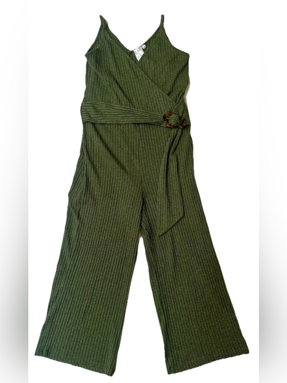 Blu Pepper Green Ribbed Wide-Leg Jumpsuit Small Tortoise Shell Buckle Sleeveless